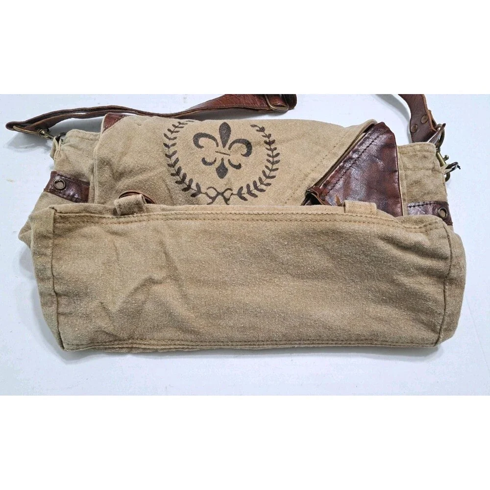 Canvas Leather Brown Messenger Bag Purse Oklahoma Fleur De Lis Khaki